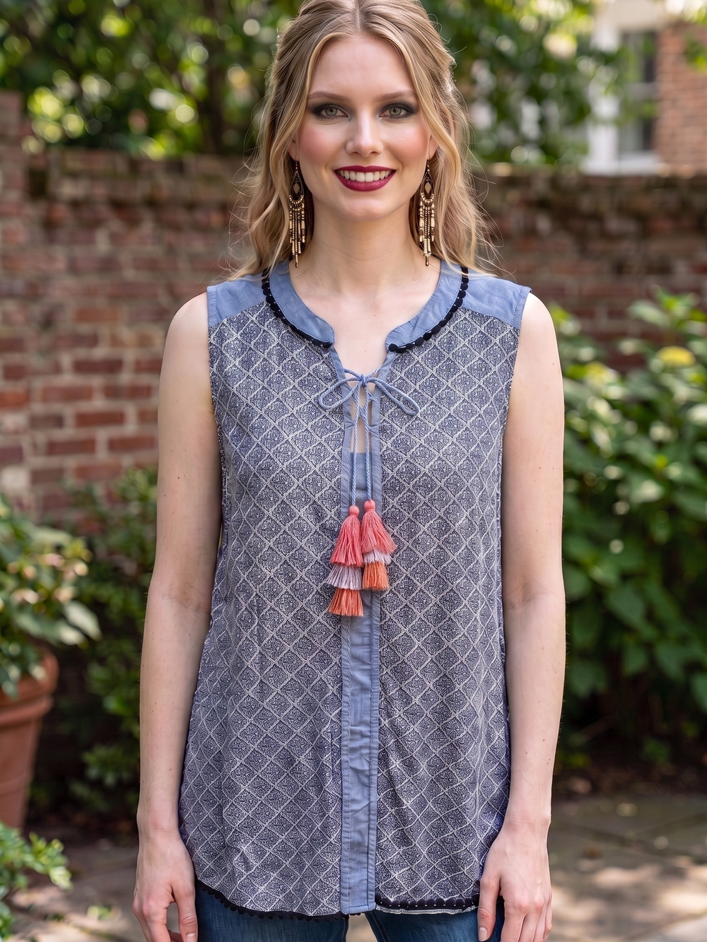 Knox Rose Blue Printed Sleeveless Tassel Tie Camisole